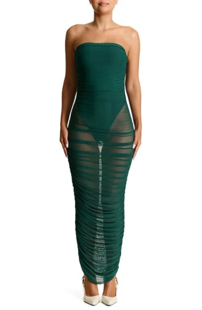 Naked Wardrobe Shirred Strapless Mesh Maxi Dress In Deep Teal