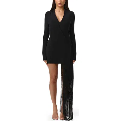 Naked Wardrobe Slinky Fringe Detail Long Sleeve Minidress In Black
