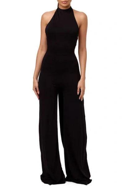 Naked Wardrobe Smooth Halter Wide Leg Jumpsuit In Black
