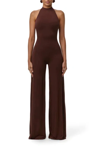 Naked Wardrobe Smooth Halter Wide Leg Jumpsuit In Burgundy