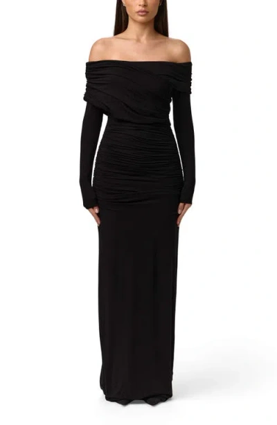 Naked Wardrobe Smooth Off The Shoulder Long Sleeve Maxi Dress In Black