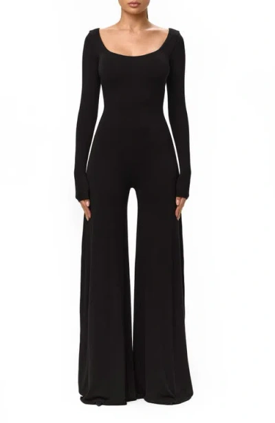 Naked Wardrobe Smooth Scoop Neck Long Sleeve Jumpsuit In Black