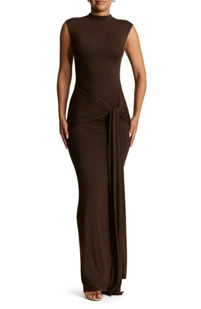 Naked Wardrobe Smooth Tie Front Maxi Dress In Dark Chocolate