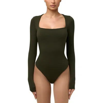 Naked Wardrobe Squared Away Long Sleeve Thong Bodysuit In Green