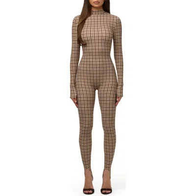 Naked Wardrobe Stirrup Mock Neck Jumpsuit In Micro Plaid