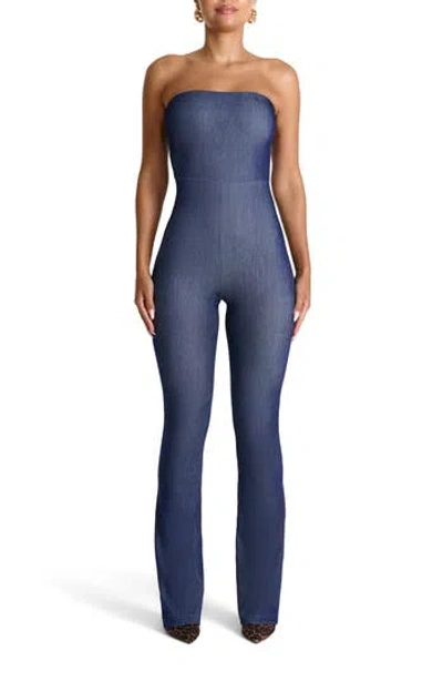 Naked Wardrobe Strapless Bootcut Stretch Cotton Jumpsuit In Blue