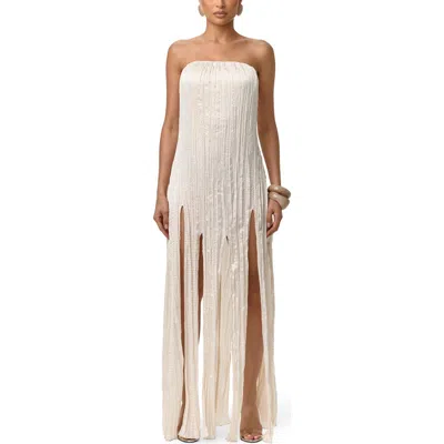 Naked Wardrobe Strapless Fring Detail Satin Plissé Dress In White
