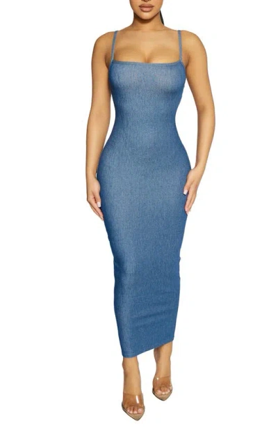 Naked Wardrobe Stretch Cotton Body-con Maxi Dress In Denim