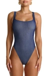 Naked Wardrobe Stretch Denim Tank Bodysuit In Blue