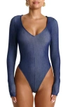 Naked Wardrobe The V Denim Bodysuit In Blue