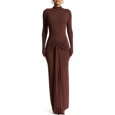 Naked Wardrobe Tie Front Long Sleeve Maxi Dress In Choclate
