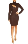 Naked Wardrobe Turtleneck Long Sleeve Asymmetric Minidress In Brown