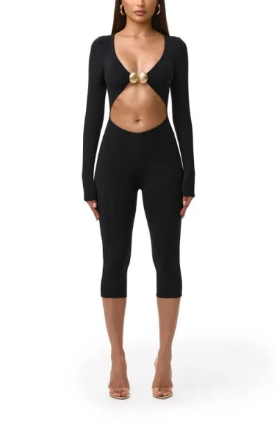 Naked Wardrobe V-cutout Capri Jumpsuit In Black