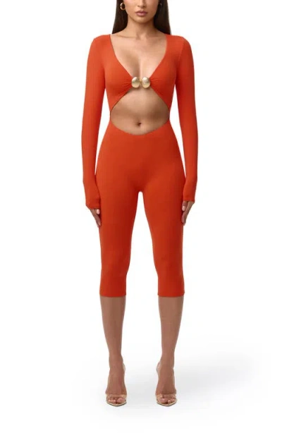 Naked Wardrobe V-cutout Capri Jumpsuit In Red