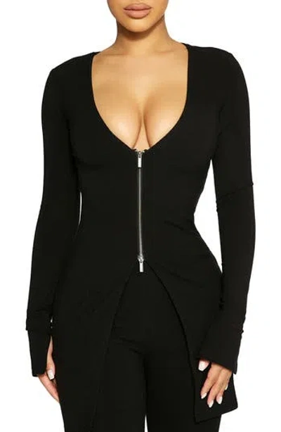 Naked Wardrobe Zip Front Rib Cardigan In Black