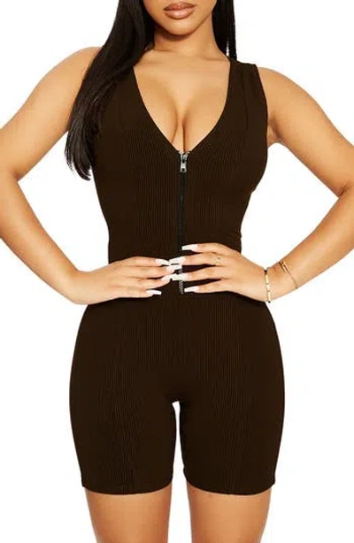 Naked Wardrobe Zip Snatched V-neck Romper In Brown