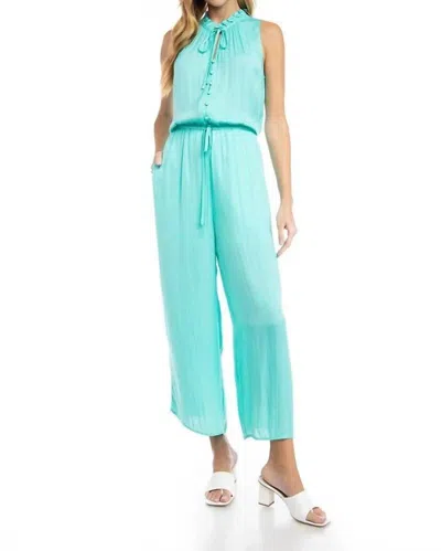 Naked Zebra Button Down Jumpsuit With Frill Neck Detail In Ice Green In Multi