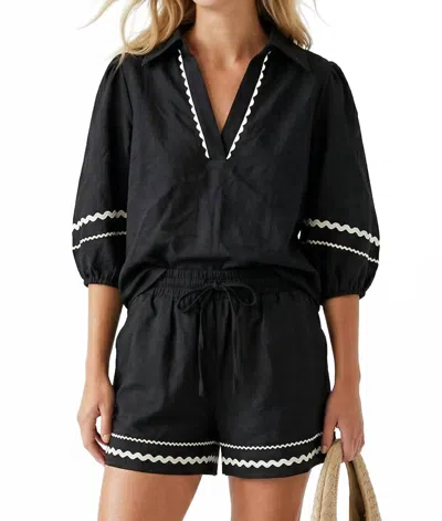 Naked Zebra Contrast Trim Puff Sleeve Linen Blouse In Black