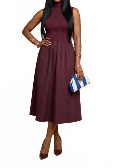 Naked Zebra Mock Neck Mixed Media Dress In Burgundy In Red