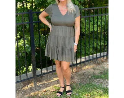 Naked Zebra Nevaeh Smocked Tiered Dress In Dusty Olive In Multi