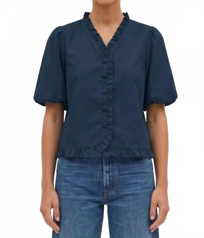 Naked Zebra Ruffle Detail Bubble Sleeve Top In True Navy In Blue