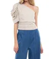 Naked Zebra Sheri Shirred One Shoulder Top In Beige In Beige