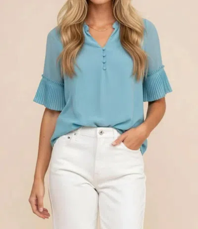 Naked Zebra V-neck Blouse With Pleated Sleeve Detail In Sky Light In Blue