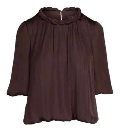 Naked Zebra Women's Round Neckline Accent Billowy Blouse In Chocolate In Brown