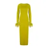 Nalè Women's Lime Green Backless Maxi Dress With Faux Feather Trim In Green/red
