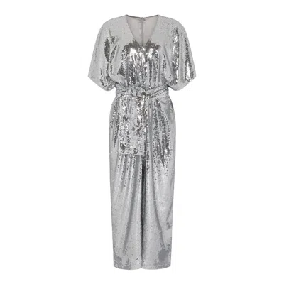 Nalè Women's Silver Sequin Palazzo Jumpsuit With Satin Lining & Detachable Belt