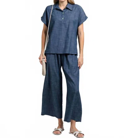 Nally & Millie Ariel Short Cuffed Sleeves Polo In Chambray In Blue