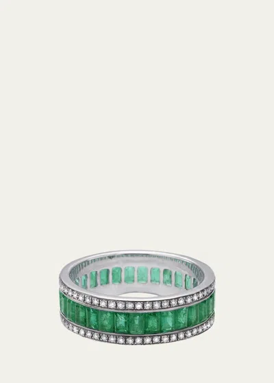 Nam Cho 18k White Gold Black Rhodium Eternity Band Ring With Diamonds And Emeralds In Green