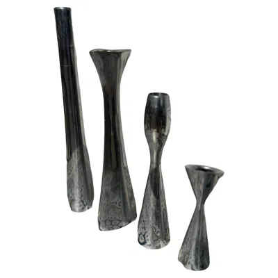 Pre-owned Nambe 4 Various Size And Shaped  Polished Aluminum Candleholders In Black