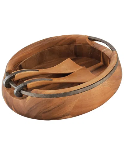 Nambe Anvil Oval Wood Salad Bowl With Servers In Silver