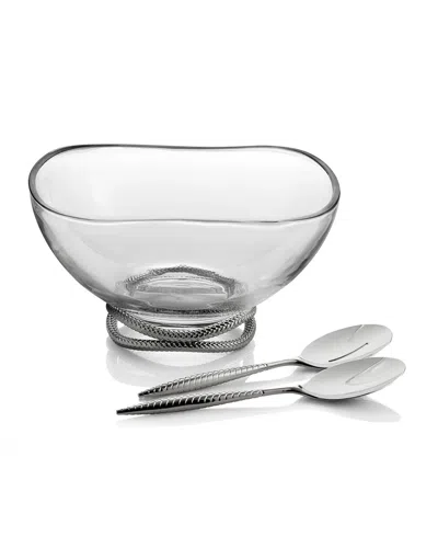 Nambe Braid Glass Salad Bowl With Servers In Silver And Clear