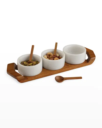 Nambe Chevron Condiment Tray W/ Spoons In Marble/acacia Wood