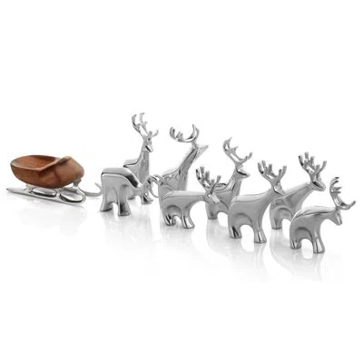 Nambe Mini Santa's Reindeer 9 Pc Set In Silver;brown