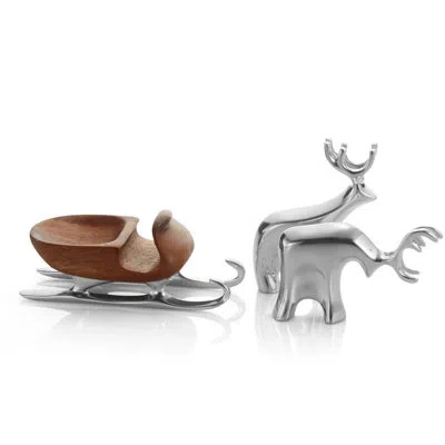 Nambe Min/sleigh W/ Reindeer 3 Pc Se In Silver;brown