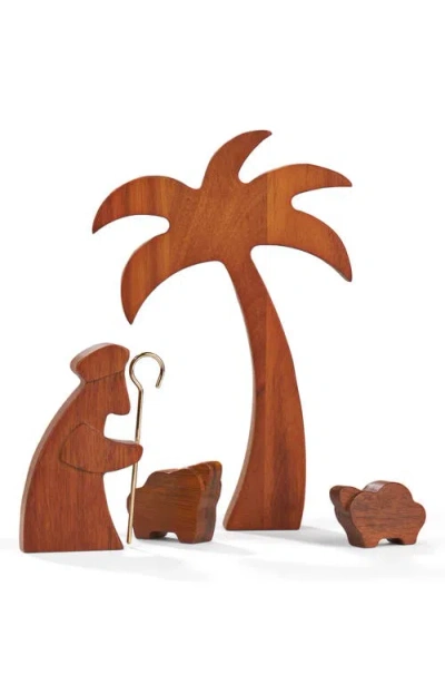 Nambe Nambé Nativity Four-piece Wood Shepherd With Lambs & Palm Tree Set In Brown