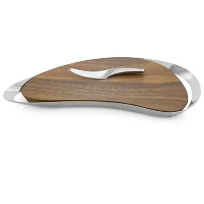 Nambe Pulse Cheese Board W/ Knife In Brown;clear