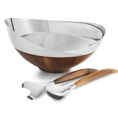 Nambe Pulse Salad Bowl W/ Servers In Brown;silver