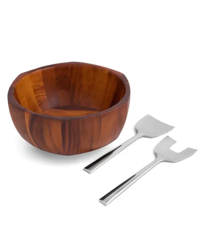 Nambe Rivet Salad Bowl With Servers, Set Of 3 In Brown