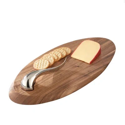 Nambe Swoop Cheese Board W/ Knife In Brown;silver