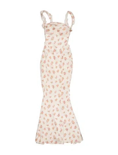 Pre-owned Nana Jacqueline Floral Print Midi Length Dress W/ Tags In White