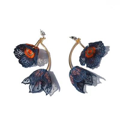 Nana Watanabe Women's Blue Flowers At Dawn Embroidery Earrings - Navy