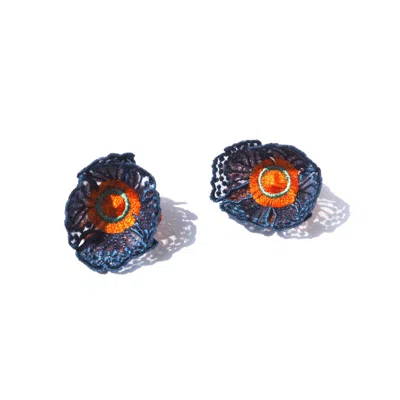 Nana Watanabe Women's Blue Flowers At Dawn Embroidery Stud Earrings - Navy