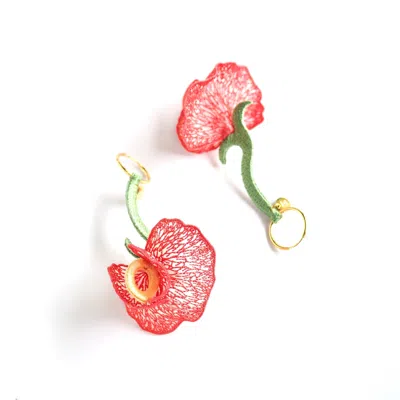 Nana Watanabe Women's Pink / Purple / Red Fragrant Vines Embroidery Earrings - Coral