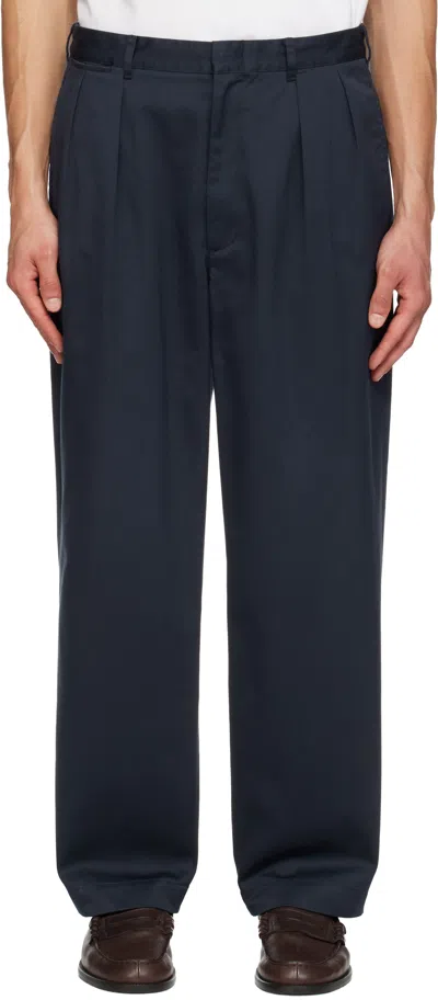 Nanamica Navy Double Pleated Chino Trousers In Blue