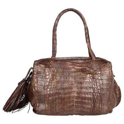 Pre-owned Nancy Gonzalez Brown Gold Washed Crocodile Bag Side Tassels