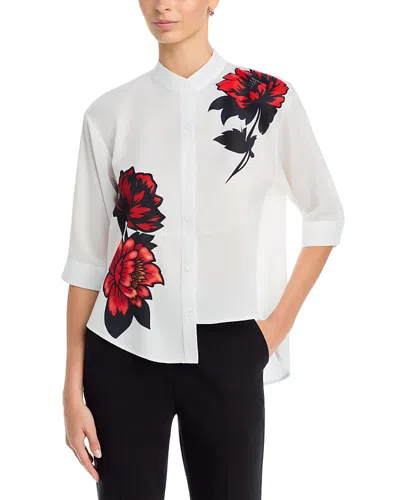 Nancy Yang Band Collar Elbow Sleeve Shirt In Blue